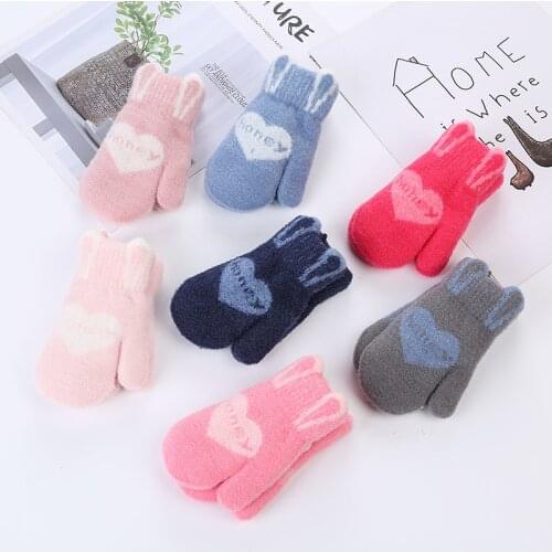 Winter Warm Mittens for Children Aged 0-3 Plush Knitted Halter Gloves Thickened Kids Warm Outdoor Sports Mittens Boys Girls