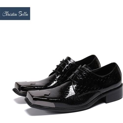 Christia Bella British Style Formal Men Oxford Shoes Square Toe Business Brogue Shoes Black Real Leather Lace Up Dress Shoes