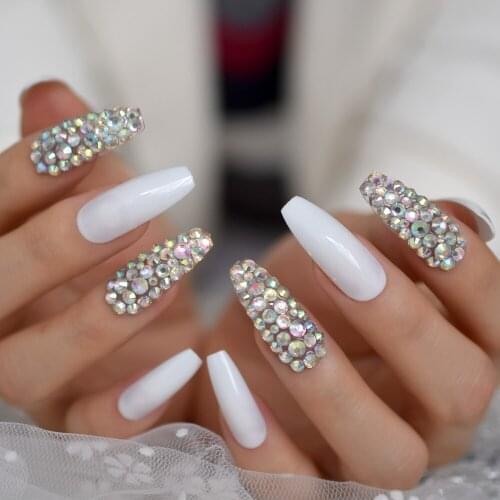 Long Designed Nails Salon Professional Products 3D Rhinestone Coffin Nail Art Tips Luxury Sparkling Full Nail Set