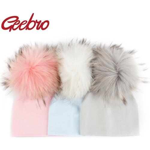 Geebro Newborn Soft Cotton 15 cm Real fur pompom Beanies Hats For Baby Boys Girls Autumn Winter Kids Infants Toddler Baby Hats