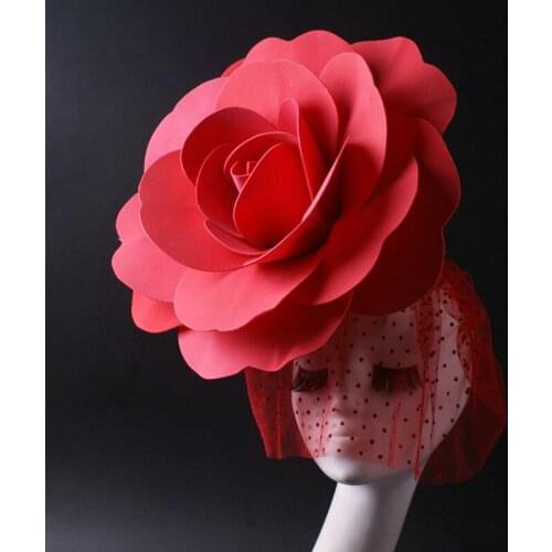Red Black Rose Big Flower Headdress Women Party Model Catwalk Stage Accessories Bar Nightclub Singer Dancer Performance Ornament