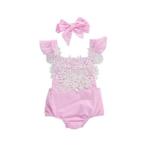 Newborn Baby Girl Floral Crochet One-piece Bodysuit Babies Lace Flower Jumpsuit Headband Outfits Set Clothes 0-18M