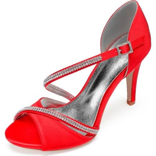 Sweet lady satin evening dress high heels sandals with rhinestones crystal bridal wedding party prom shoes thin heel sexy pumps