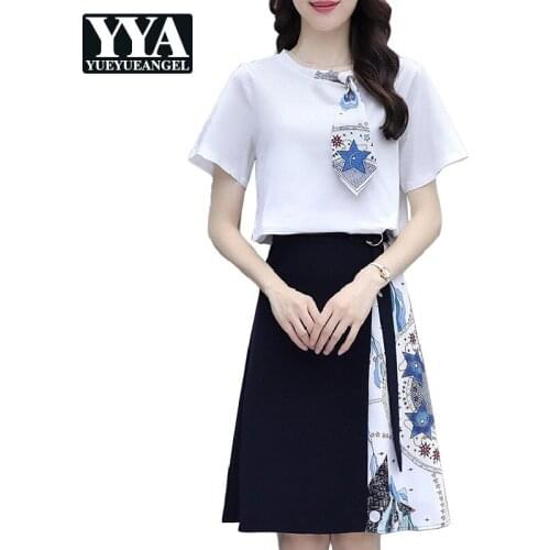 Fashion Casual Two-Piece Suit Womens Summer New O-Neck Short Sleeve Tops Solid Skirt Profession Elegant Female Sets 2021