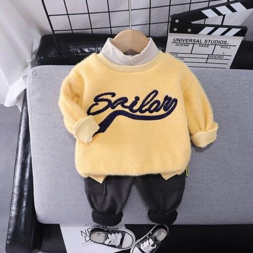 0-5-year-old autumn winter new baby English print medium neck sweater boys' solid color thickened sweater 2-piece childrens sui