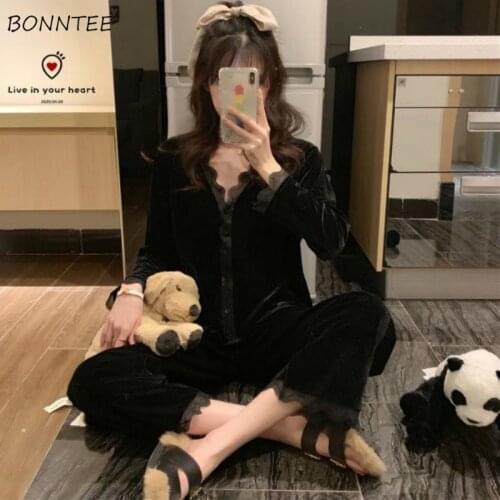 Pajama Sets Women Solid Minimalist Vintage Sexy Loose Lazy Home Female Nightclothes Autumn Korean Style Trendy Casual Chic New
