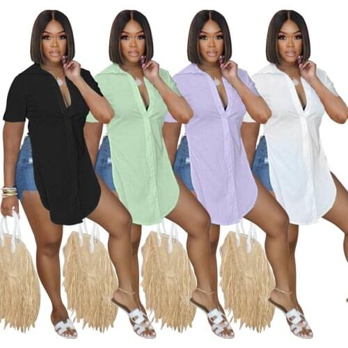 ZKYZWX Casual Short Sleeve Button Up Long Tops Summer Outfits for Women Festival Clothes Side Split Cute Tops Vintage T Shirts