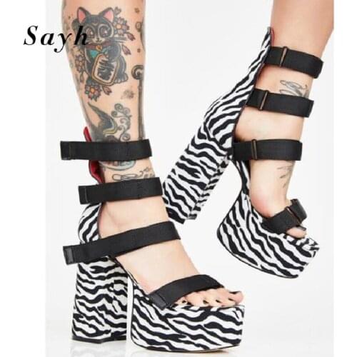 Summer Sandals Women Zebra stripes Peep Toe Pumps Platform Thick High Heels Sandals High Top Chunky Heel Runway Sexy Shoes