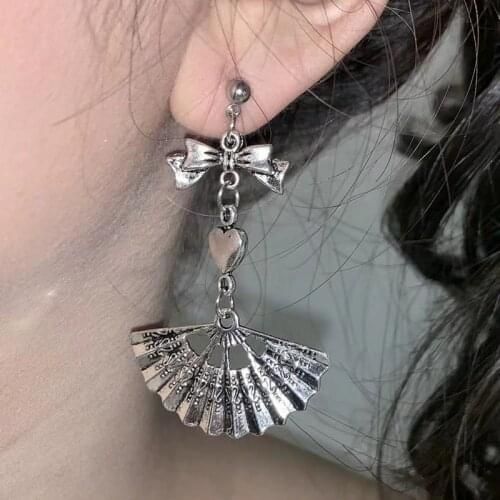 Punk Metal Small Fan Drop Earrings Creative Rose Flower Bowknot dangle earring Ear Clip for Women Trendy Fashion Party Jewellery
