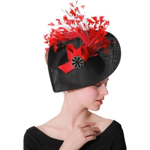 Vintage Black Imitation Linen Fascinators Flower With Red Feather Ladies Chapeau Hat Weddings Church Fedora Pillbox Hat Derby