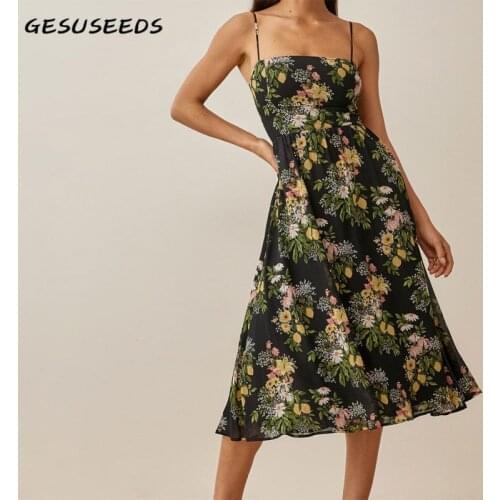 Vintage Dress Summer Strapless Dresses for Women Spaghetti Strap Dress Black Midi Dresses Floral Print Sundress Chiffon 2021