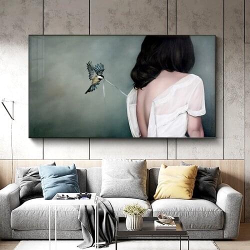 Healing Beauty Figures Back View Birds Canvas Art Painting for Living Room Home Decor (No Frame)
