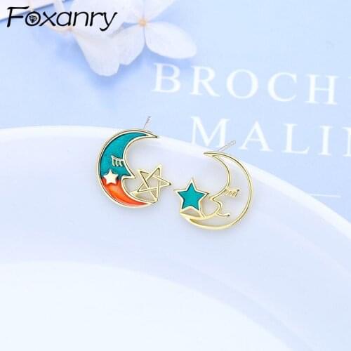 Foxanry Prevent Allergy 925 Sterling Silver Stud Earrings for Women Creative Hollow Moon Stars Birthday Party Jewelry Gifts