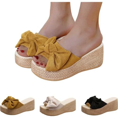 Women Slippers Fashion Wedges Open Toe Butterfly-Knot Beach Shoes Roman Slippers Sandals Flip-flops Beach Shoes Female Slippers