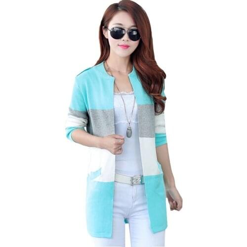 Women Cardigan Spring Autumn Long Knitted Colorblock O Neck Slim Thin Sweater Korean Fashion Plus Size Women Cardigan Coat H254