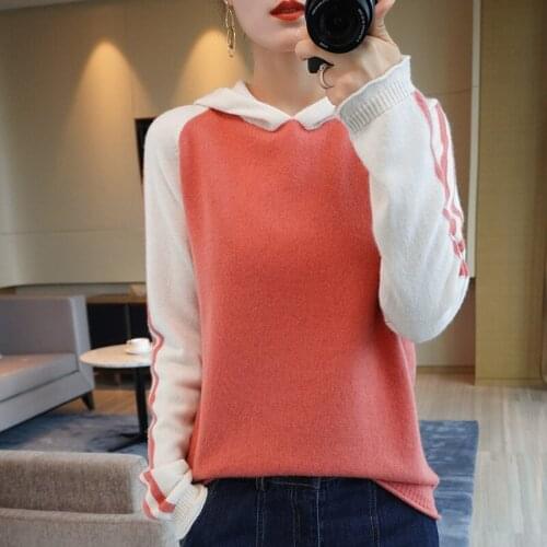 ATTYYWS 21 New hooded sweater ladies color matching loose cashmere sweater loose long-sleeved knitted pullover 100% wool sweater