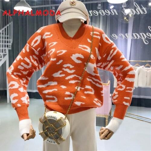 ALPHALMODA College Leopard V Collar Sweater Womens Top 2018 New Autumn Winter Loose Lazy Casual Pull Femme Hiver Jumper