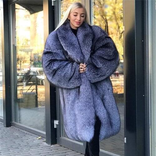 100cm Long Natural Silver Fox Fur Coats Women Winter Fashion Full Pelt Genuine Fur Overcoat Female 2021 New Fur Coat with Collar