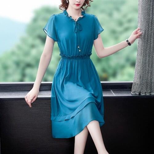 2021 New Summer Women Ruffled Neck Short Sleeve Elastic Slim Dress High Quality Solid Color Mulberry Silk Dress