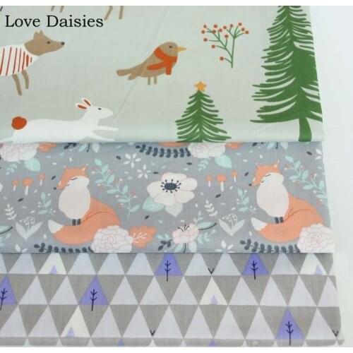 100% Cotton LIGHT GREEN GRAY Cartoon Green Pine Rabbit Deer Orange Fox Flower Trees Tri angle Fabrics for Apparel Dress Decor