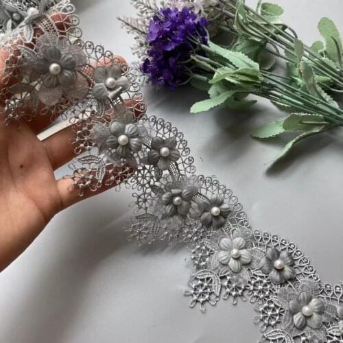 10X Grape Flowers Soluble Gray Pearl Lace Trim Ribbon Embroidered Knitting Wedding Dress Handmade Patchwork Sewing Supplies