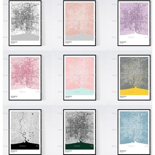 Bangkok, Thailand Map Nordic Retro Minimalism Painting Posters and Prints on Canvas Wall Art Modular Pictures Home Decor Gift