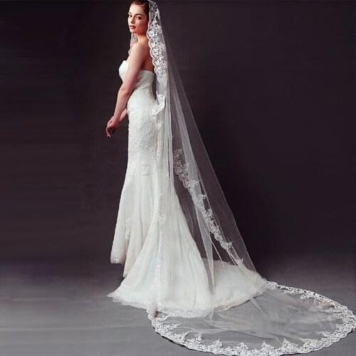 Cathedral Wedding Veil Lace 3 M Length Bridal Appliqued Edge One Layer White Ivory