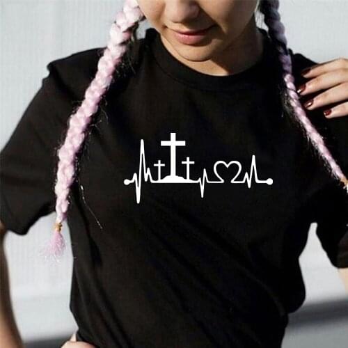 Heart line Three Crosses Cross Jesus Faith print cotton t shirt for women graphic tees summer Hipster Tumblr tops