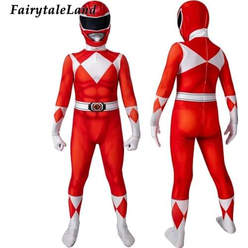 Boys Red Ranger Cosplay Jumpsuit Kids Halloween Carnival Superhero Jason Costume 3D Printing Children Zentai Fancy Helmet Suit