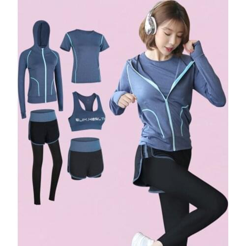 5pcs set Women Sportwear Solid Multiple Color Yoga Set Jacket T-shirt Bra Shorts Pants Sports Run Gym Workout Tracksuit