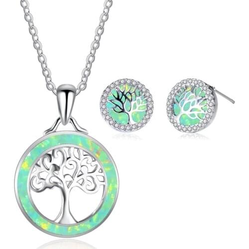 Fashion Classic Tree of Life necklace Earrings jewelry set Trendy women Fire Opal Stud Earring for girl Wedding Party gift