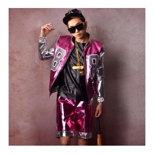 Men Leather Baseball Jacket 2 Sets (jacket+shorts) Male Fashion Show Hip Hop Coat Stage Dancer Singer DJ Clothes Costumes
