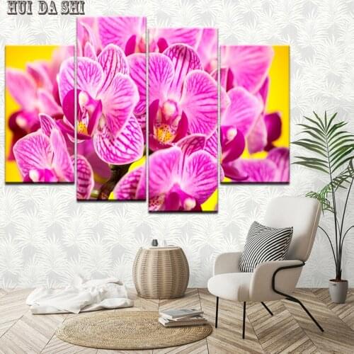 Wall Art Abstract 4 pieces frame Poster Canvas Painting Pink flower Butterfly orchid Mural Home Decor Living Room Picture