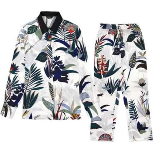 2020 New Silk Pajamas Set Women 100 Silk Long-sleeved Trousers Pajamas Home Service Two-piece Female Sleepwear Ladies Casual