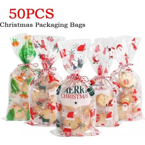 50pcs Santa Claus Christmas Tree Elk PVC Bags Transparent Clear Gift Bag for Christmas Gift Baking Candy Cookie Packaging Bags