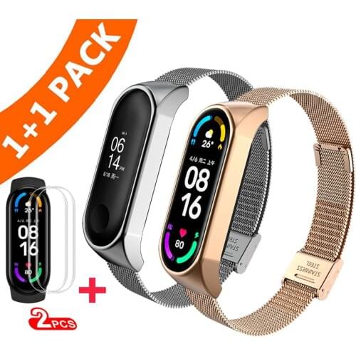 2Pcs/Pack Mi Band 6 Wrist Strap For Xiaomi Mi Band 3 4 5 6 Bracelet Strap Stainless Steel Metal Correa Miband Screen Protector