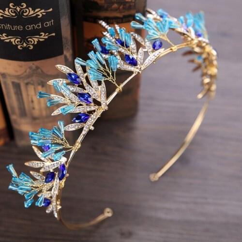 European Vintage Blue Crystal Thinestone Tiara Bridal Wedding Hairwear Accessories Gold Color Princess Crown Hair Jewelry