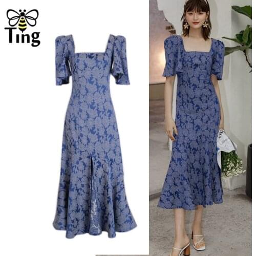 Tingfly Victorian Vintage Elegant Flower Print Blue Mermaid Party Dinner Dresses Summer Retro Open Back Vogue Vestidos Dress Eam