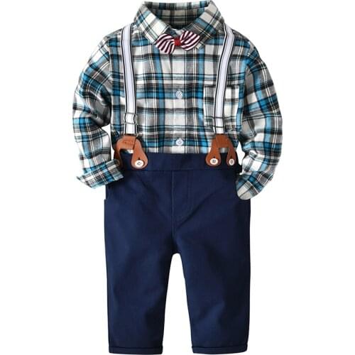 Spring Autumn Full Clothes Little Year Baby Set Plaid Romper + Pants + Belt 4 Pieces Party Birthday Kid Gentleman Costume