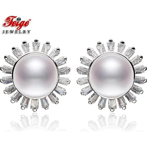 Luxury Cubic Zircon Bridal Earrings 925 Sterling Silver White Natural Freshwater Pearl Stud for Women Wedding Gifts