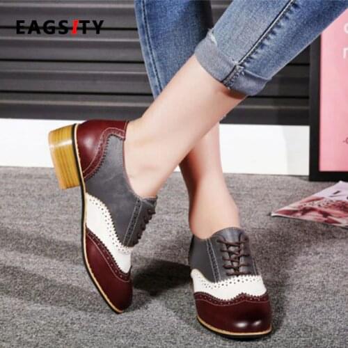 EAGSITY Mixed colors vintage oxford shoes women flat shoes brogue lace up pointed toe fashion casual ladies derby shoes footwear
