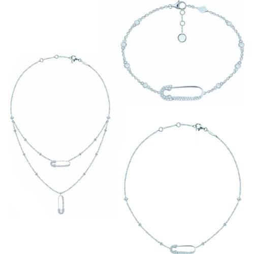 Cubic Zirconia 925 Sterling Silver Safety Pin Bracelet Double Chain 2 Pin Charm Necklace Women Jewelry Set Party Wedding Gift