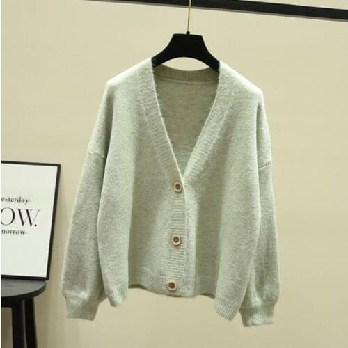 Womens Lantern Sleeve Cardigan Sweater New Loose V-neck Single-breasted Sweater Autumn and Winter Short Sweater Top GD490