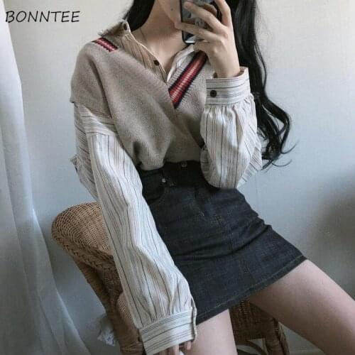 Women Sets 2 Piece Loose Long Sleeve Striped Shirts V-Neck Patchwork Sleeveless Knitting Sweater Vest Leisure All-match College
