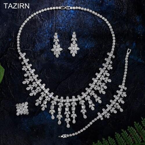 2021 Trendy 5A Cubiic Zirconia Bridal Jewelry Set CZ Necklace Bracelet Earrings Ring Anniversary Gifts for Women