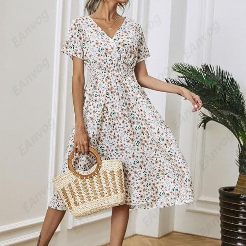 White Floral Printing Summer Chiffon Beach Dress 2021 Lady Casual V-neck Short Sleeve A-line Women Midi Dresses Vestidos