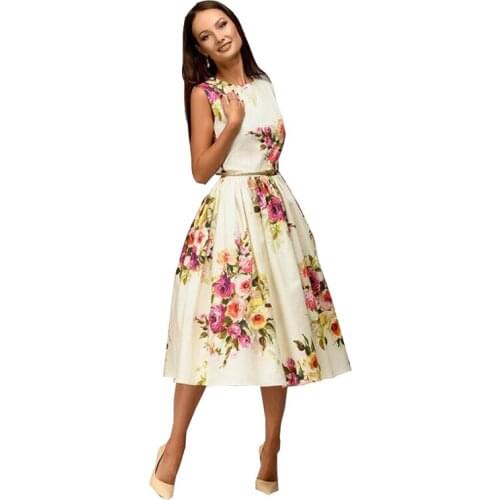 Lady party dress Hot sale 2020 Spring Summer women sleeveless flowers printing vestidos Elegant casual A-line dress No Belt