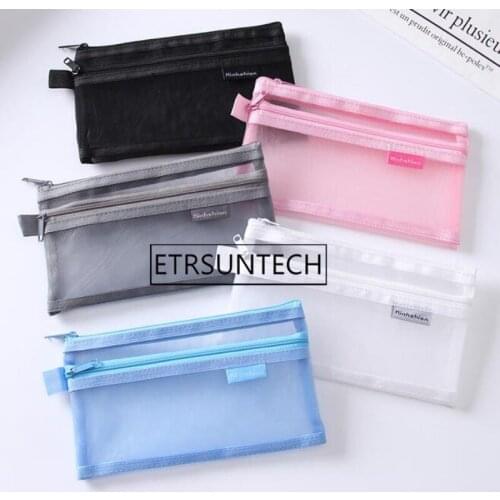 100pcs Simple Transparent Double Mesh Bag Pencil Case Office Student Pencil Cases Nylon Cosmetic Storage Bag