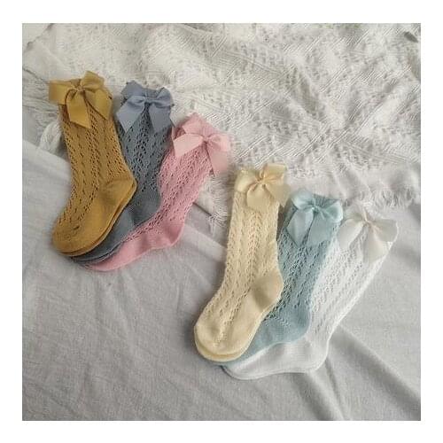 2021 Baby Bow Cotton Mesh Breathable Socks Kids Socks Infant Girls Solid Net Stocking Medium Tube Non-slip Socks Spring Autumn