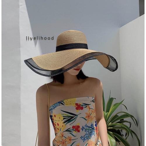 2021 Wide Sun Hats for Women Ladies big Brim Floppy Straw Mesh Hat Solid Plain Summer Bohemia Beach Cap Black anti-UV wholesale